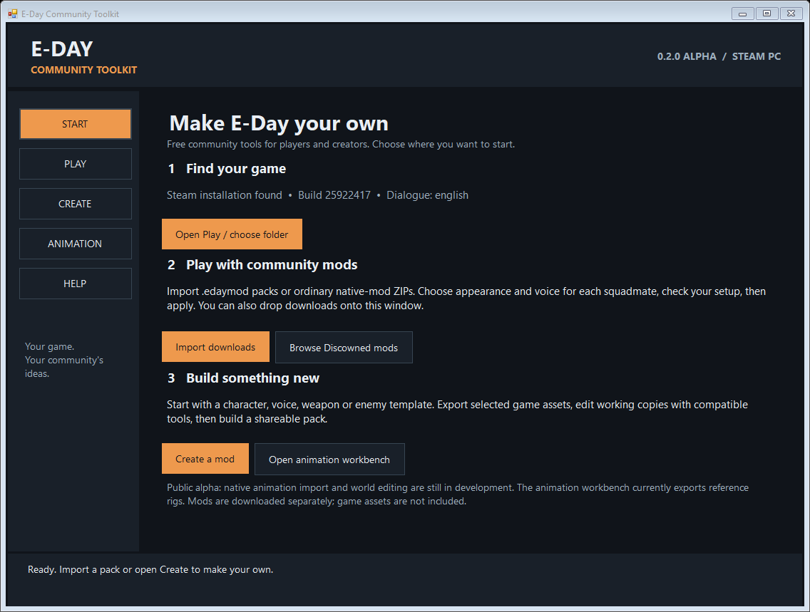 E-Day Community Toolkit 0.2.0 alpha: guided Start page. Free Windows app; mods are downloaded separately. Example installation status shown.