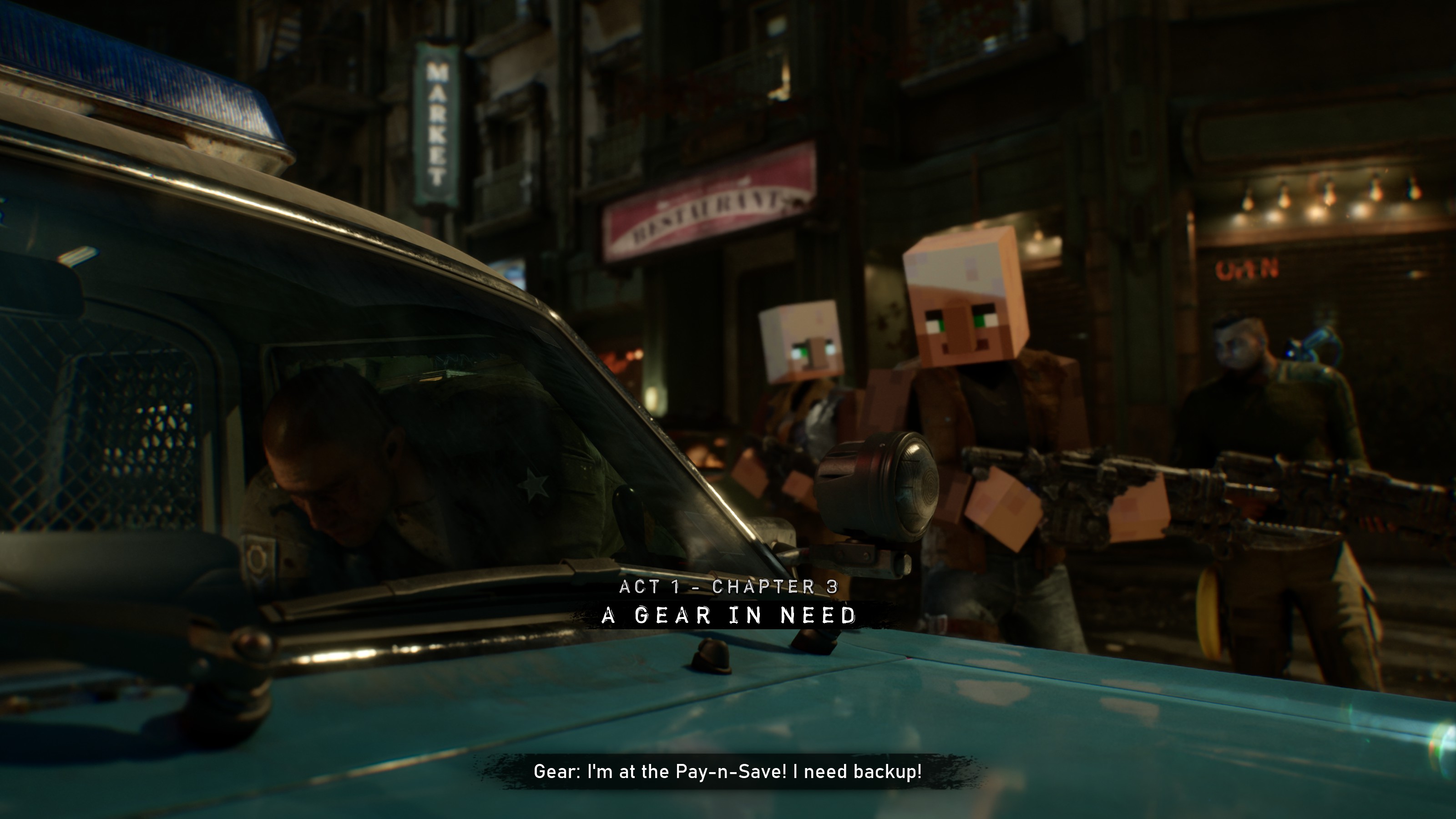 Marcus and Mags as Villagers in an Act 1 city cutscene. Civilian outfits are included; the Banana Snub visible here is a separate mod. Captured on build 25724756.